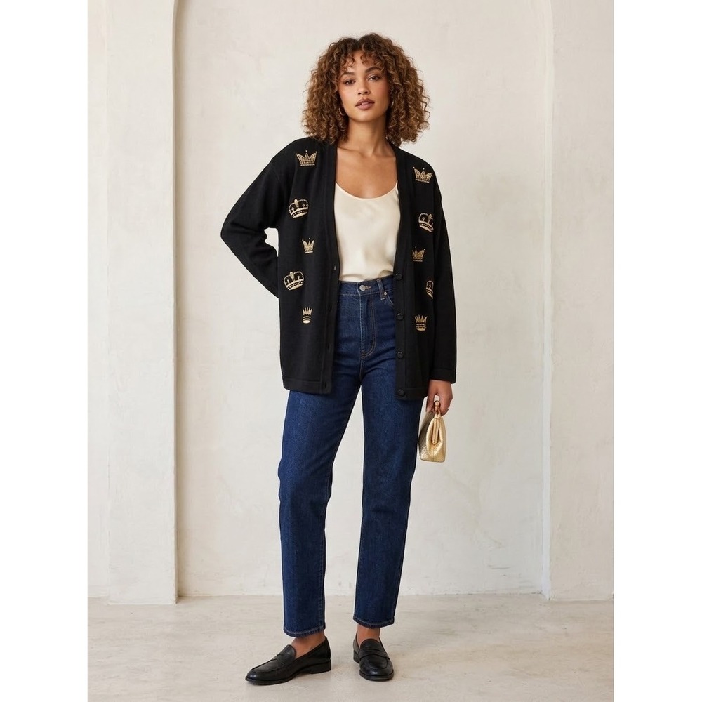 Vintage Rafaella Black Lambswool Blend Gold Crown Embroidered Cardigan RN 62018